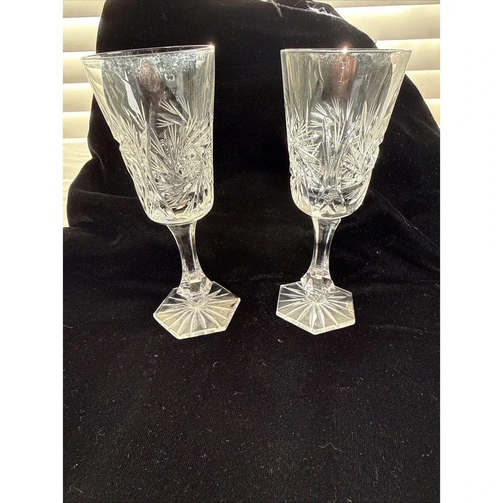 2 VTG. Crystal American Brilliant Pinwheel Cut Sherry/Port Glasses 6 Side Bottom